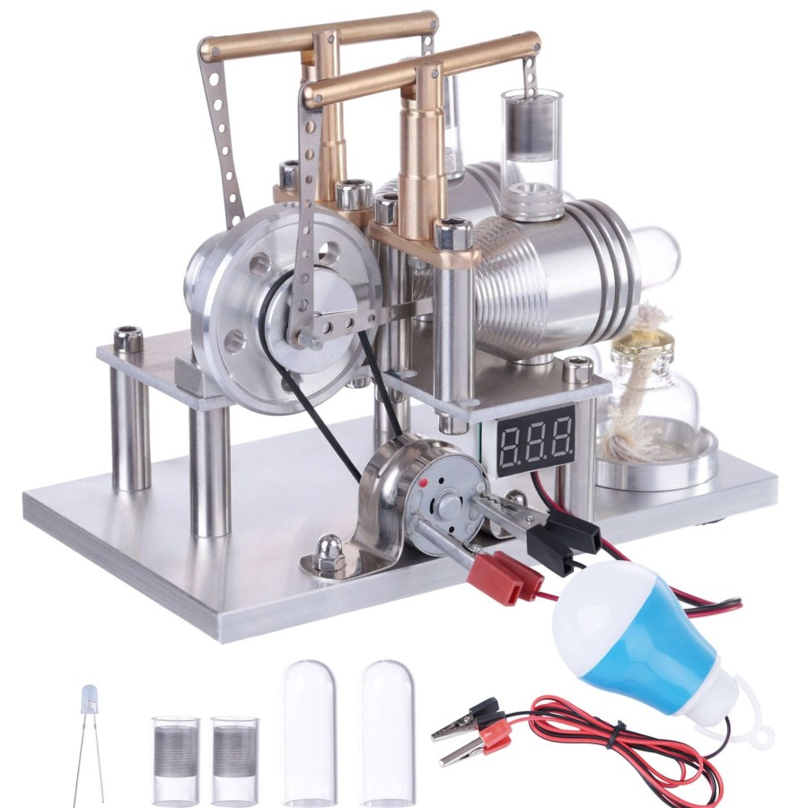 Model Engine enginediy Stirling Engine & Parts | Enjomor Balance Type 2 Cylinder Hot Air Stirling Engine Generator Model With Led Bulb And Voltage Meter - Stem Toy