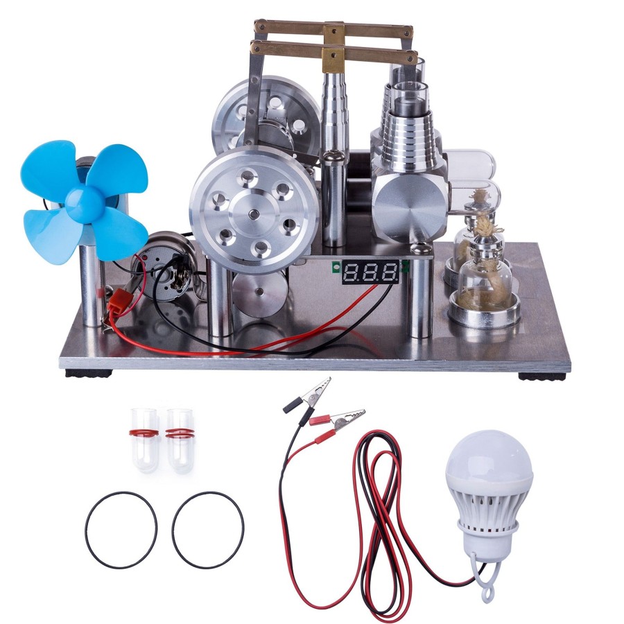 Model Engine enginediy Multi-Cylinder Stirling Engine | Enjomor Balance Type 2 Cylinder Hot Air Stirling Engine Generator With Bulb, Voltage Meter, Fan - Stem Toy