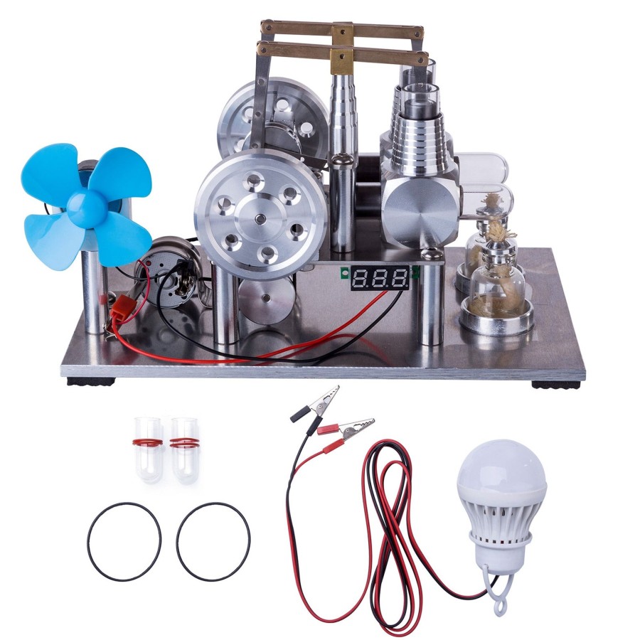 Model Engine enginediy Hot Air Stirling Engine | Enjomor Balance Type 2 Cylinder Hot Air Stirling Engine Generator With Bulb, Voltage Meter, Fan - Stem Toy