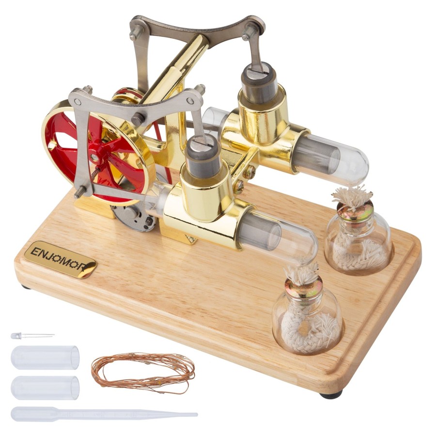 Model Engine enginediy Stirling Engine With Led | Enjomor 2 Cylinder Hot Air Balance Stirling Engine Model With Led Lamp String Power Generation - Gift Collection