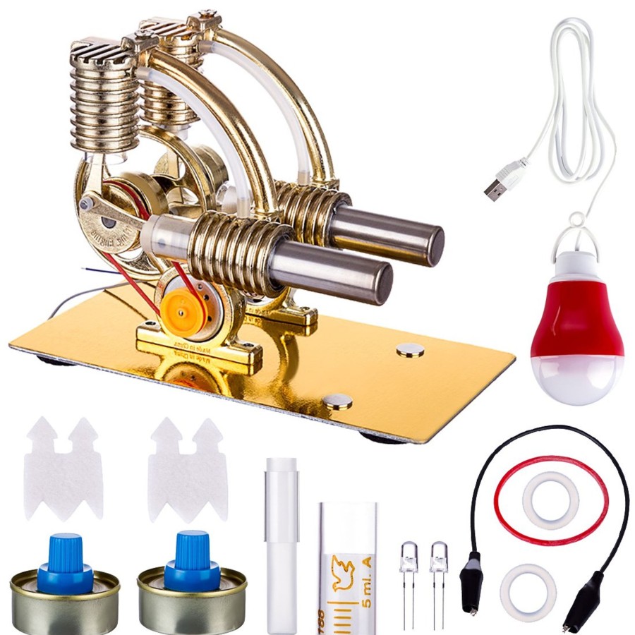 Model Engine enginediy Stirling Engine & Parts | Stirling Engine L-Shape Two Cylinder Stirling Engine External Combustion Engine With Big Bulb