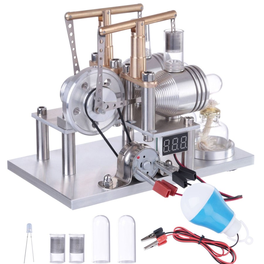 Model Engine enginediy Hot Air Stirling Engine | Enjomor Balance Type 2 Cylinder Hot Air Stirling Engine Generator Model With Led Bulb And Voltage Meter - Stem Toy