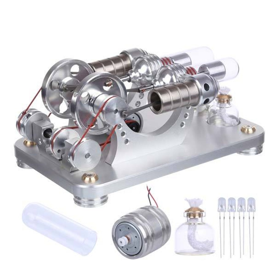 Model Engine enginediy Hot Air Stirling Engine | Hot Air Stirling Engine 2 Cylinder Colorful Led Education Toy Electricity Generator Model (M14-22-D)