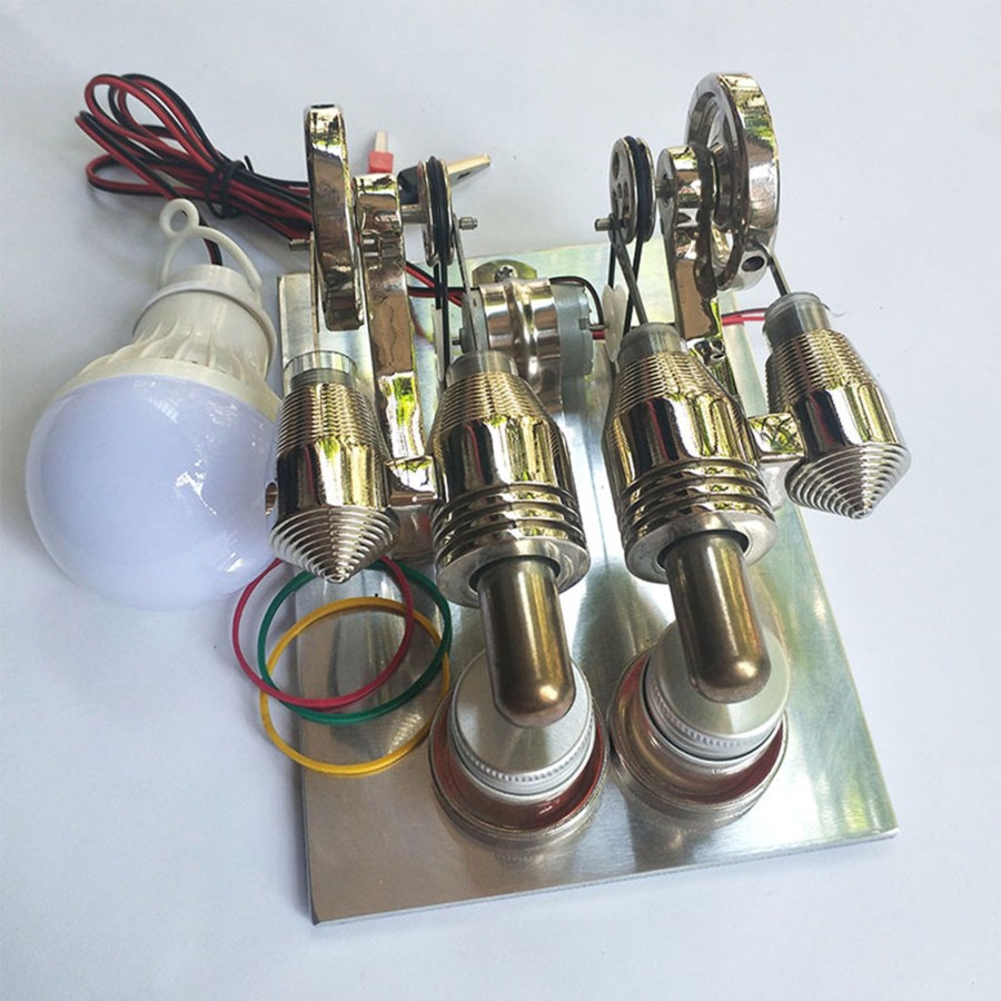 Model Engine Engine DIY Stirling Engine & Parts | Two-Cylinder Stirling Engine Model With Led Metal Generator External Combustion Engine Model