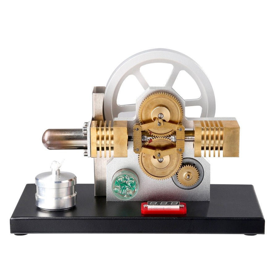 Stem Model enginediy | Enjomor Hot Air Stirling Engine Generator Model With Led Light And Voltmeter - Horizontally Opposed Diamond Structure Gear Drive