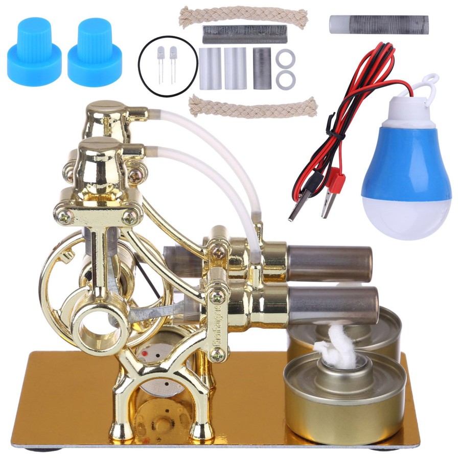 Stem Model enginediy | L-Type 2 Cylinder Stirling Engine Generator Model With Led Diode And Bulb Science Experiment Teaching Model Toy Collection