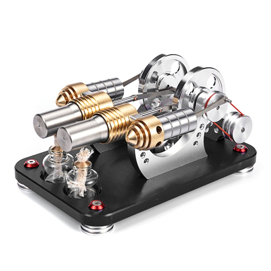 Model Engine enginediy Multi-Cylinder Stirling Engine | Stirling Engine 2-Cylinder Parallel Metal Bootable Model Micro External Combustion Engine Model