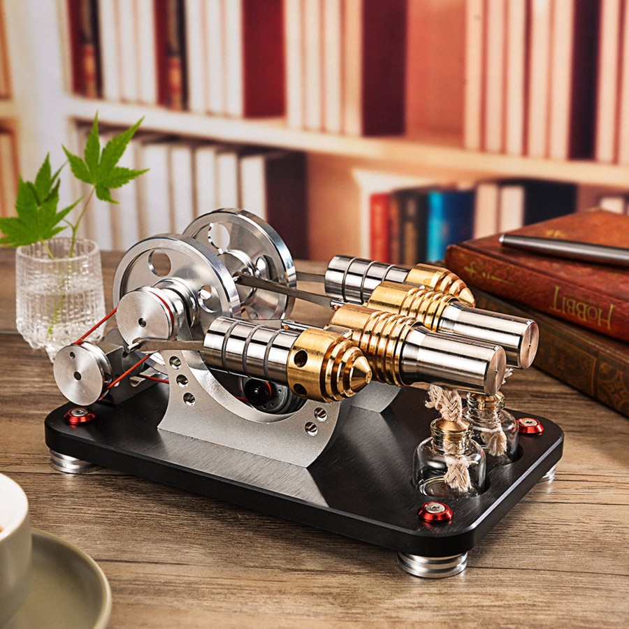 Model Engine enginediy Multi-Cylinder Stirling Engine | Stirling Engine 2-Cylinder Parallel Metal Bootable Model Micro External Combustion Engine Model