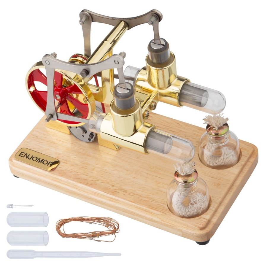 Model Engine enginediy Stirling Engine & Parts | Enjomor 2 Cylinder Hot Air Balance Stirling Engine Model With Led Lamp String Power Generation - Gift Collection