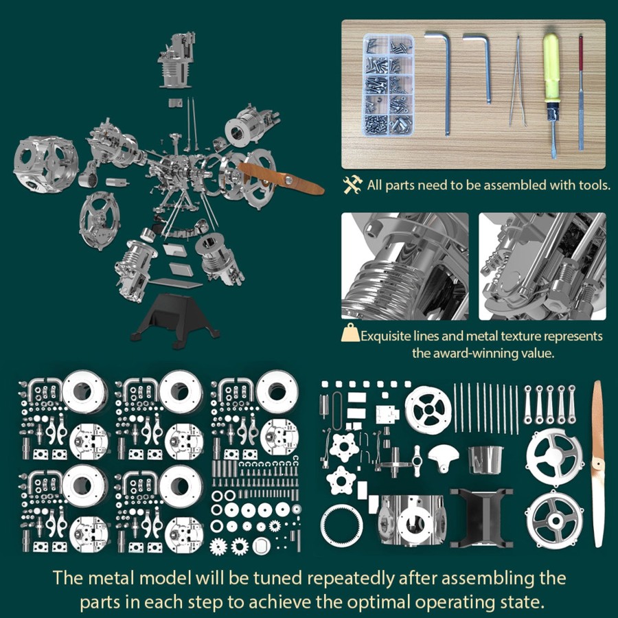 Stem Model enginediy | 5 Cylinder Radial Engine Model Kit That Works - Build Your Own Radial Engine - Teching 1: 6 Full Metal Radial Engine Model Kit 250+Pcs